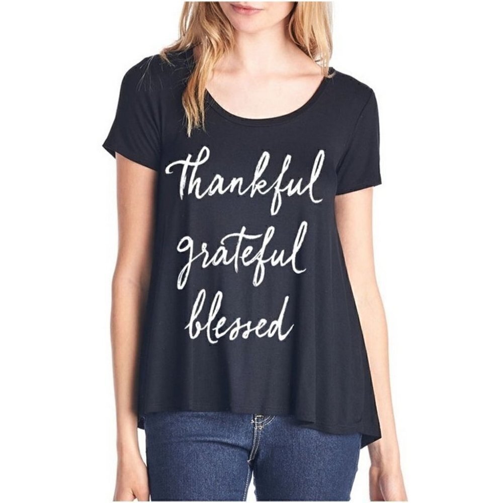 Thankful Grateful Blessed Flowy Rayon Stretch A Line Loose Black T-Shirt  L